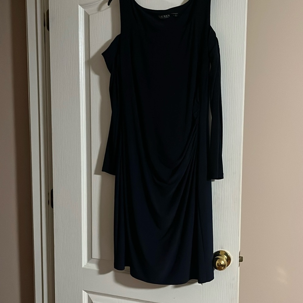 Navy blue cold shoulder with rushing on one side